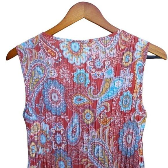 90's Pleated Paisley Print Sleeveless Keyhole Scoop Neck Blouse Coral Sz S - Picture 8 of 11